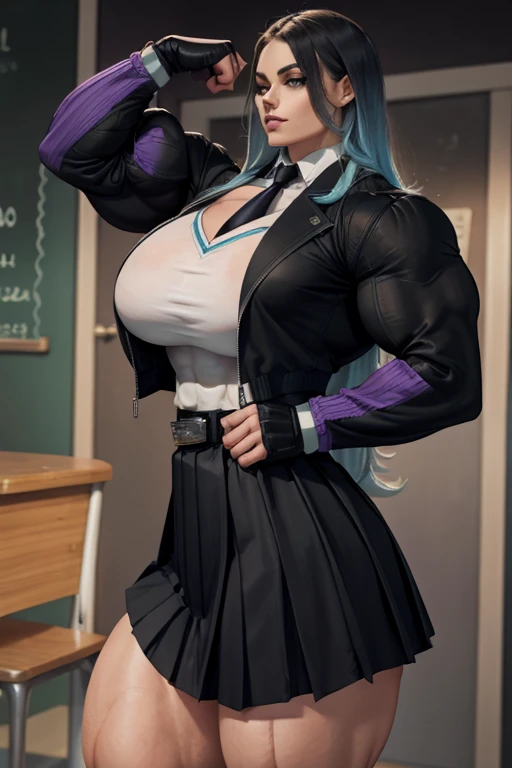 ((Close-up)), tall, (cyan hair) beautiful muscular woman, long beachy hair, pale white skinned, closed smile, large breast, (black lipstick), (massive muscles), (hyper muscle), (((ginormous bulky muscles))), purple eyes, (((((long sleeve school uniform jac...