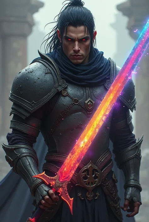 A male warrior with a rainbow-shining sword is a sword as if it were a complete tip, almost complete armor, 2, the palms of the hands burned, straight spiky black hair and darker wine red eyes.
