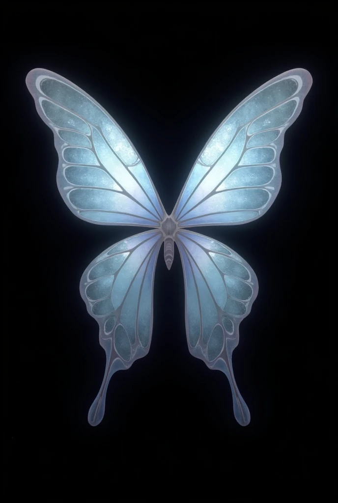 
Just give me on a black background bright open white fairy wings , elegant and with a shape similar to butterfly wings, but more robust. They are divided into two pairs: The upper ones are wider and longer, while the lower ones are slightly smaller but el...