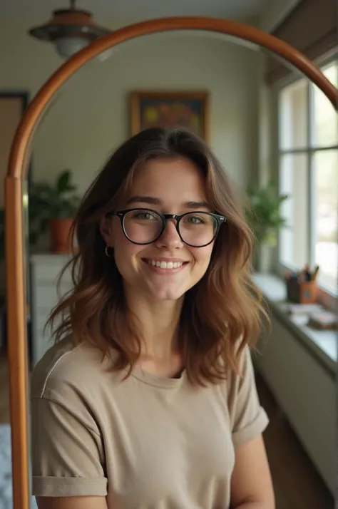 20 year old girl with glasses taking a selfie in front of the mirror 