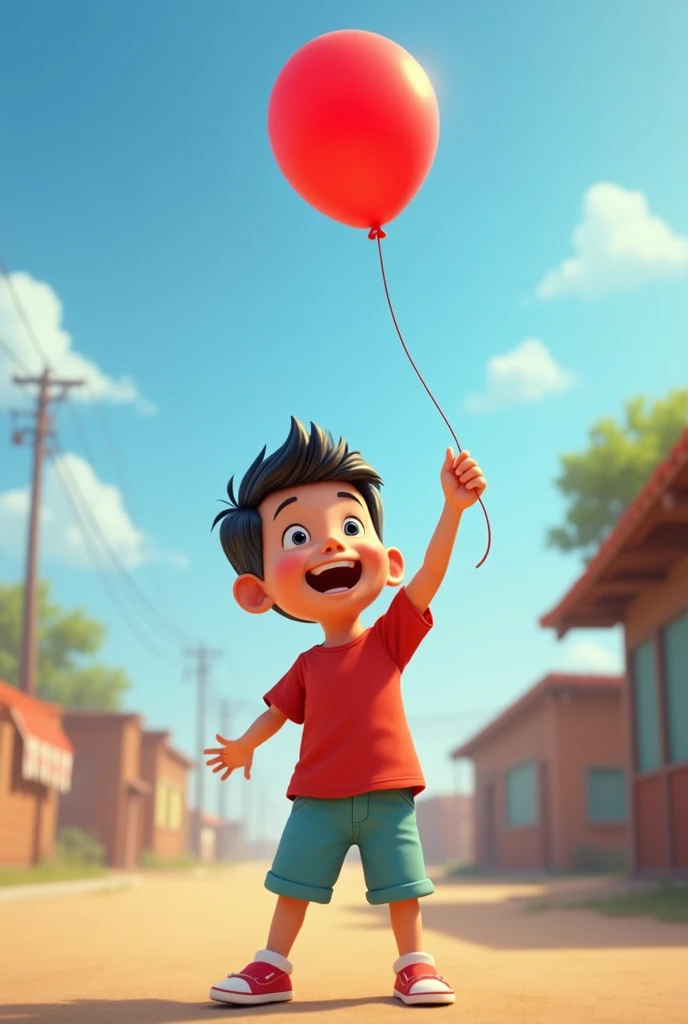 With a smile, Juanito, who is wearing a red shirt and light blue shorts, caught the red balloon just before it flew away again..