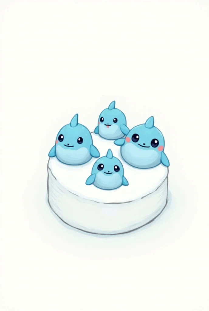 Simple noteit drawing of small round simple cake with shark decorations with nice blue and white colors with cute little sharks in good quality