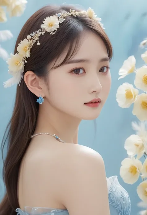 A work of art, Korean girl, soft and delicate face, detailed, light brown eyes, clear and detailed, soft makeup, long hair tied with delicate light blue feather adornments, strapless dress, intricate and detailed, made of delicate voile fabric white and bl...