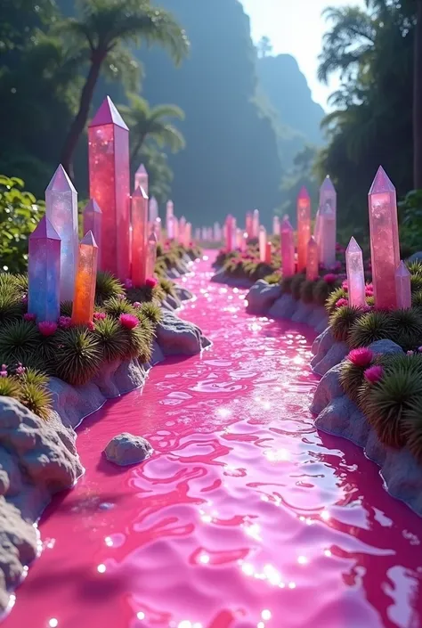 Quartz crystals of different color and height sticking up out of the ground lining a neon pink flowing stream's curved edges, a lush jungle beyond the edges of the crystal stream,Full sunlight on neon pink stream and crystals. Breathtakingly Beautiful, cin...