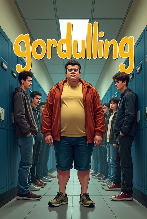 Create a comic book cover about bullying a student for being fat ( not so fat) at school (Let only the main character appear !!(man ) what say "Gordulling" ( that is easy to draw)