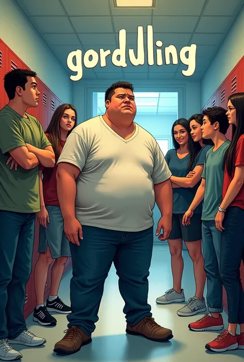 Create a comic book cover about bullying a student for being fat ( not so fat) at school (Let only the main character appear !!(man ) what say "Gordulling" ( that is easy to draw)