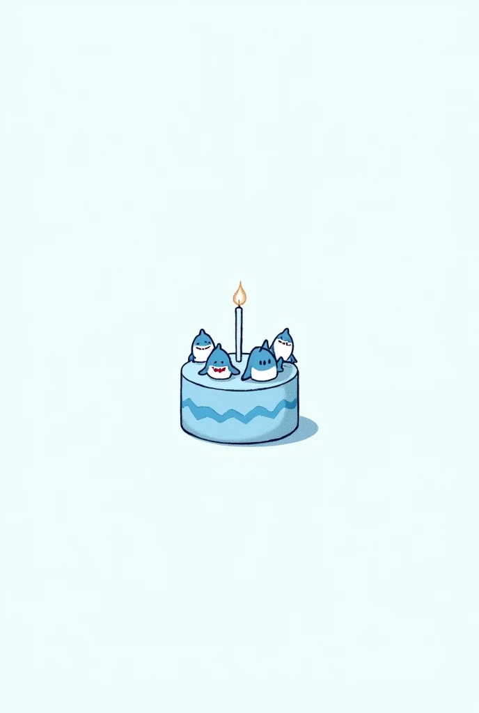 Simple noteit drawing of a small, simple, round cake with shark decorations in pretty blue and white colors with cute little sharks in good quality with a candle