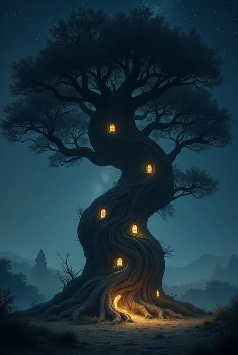 Large tree with thick spiral trunk with windows in the middle of the night and radiating light
