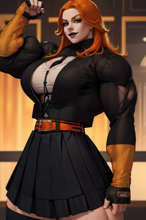 ((Close-up)), tall, (orange hair) beautiful muscular woman, long shaggy hair, pale white skinned, closed smile, large breast, (black lipstick), (massive muscles), (hyper muscle), (((ginormous bulky muscles))), green eyes, (((((long sleeve school uniform ja...