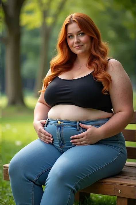 A Cute sitting photo of a Beautiful ginger BBW, with long wavy light Brownish-ginger hair, freckled body with big soft fat belly, thicc fat arms, thicc wide legs, small breasts, lot of freckles on arms, in long jeans, cute black top, light blue shoes, sitt...