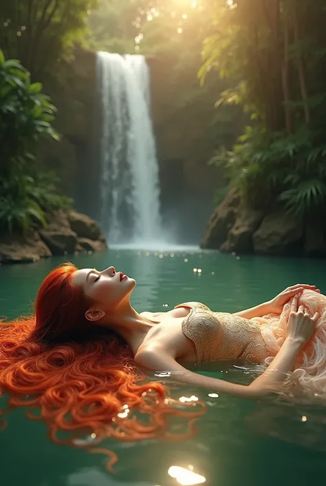 Beautiful oriental woman,  redhead 50 years old, waterfall in the jungle ,, sunset light,  view 1/3 on the side , very very long curly hair floating around her on the water, she floats lying on her back , in oriental dress,  serene, whole body visible 