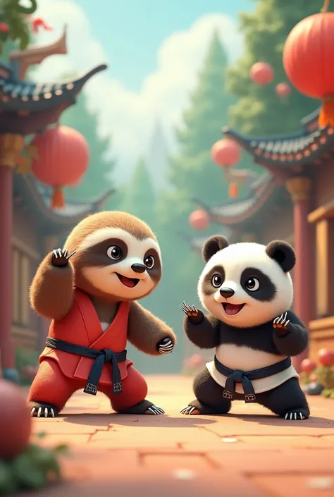 A cute sloth and an equally cute panda, both wearing karate kimonos, training karate. The sloth is in a funny, slow pose, while the panda shows faster but still adorable movements. The scene is detailed, with a 3D cartoon environment, full of humor and cha...