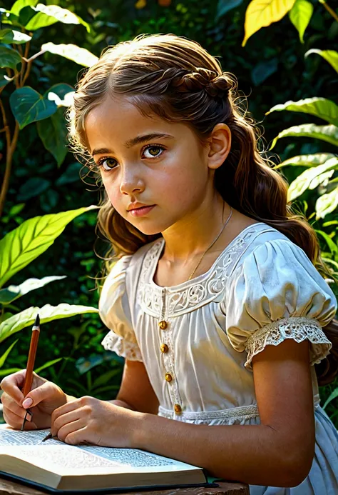 a young girl in a peaceful garden, studying and memorizing 7 ordinary subjects, hyper realistic, intricate details, warm lighting, vibrant colors, highly detailed face, beautiful eyes, detailed hair, beautiful detailed hands, elegant pose, natural environm...