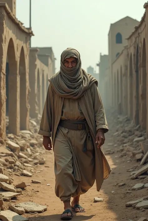 A Muslim man covered his face through his scarf is passing a through a village, that village is destroyed by desaturated and all the villagers and their huts, and village tomb and homes is demolished, 