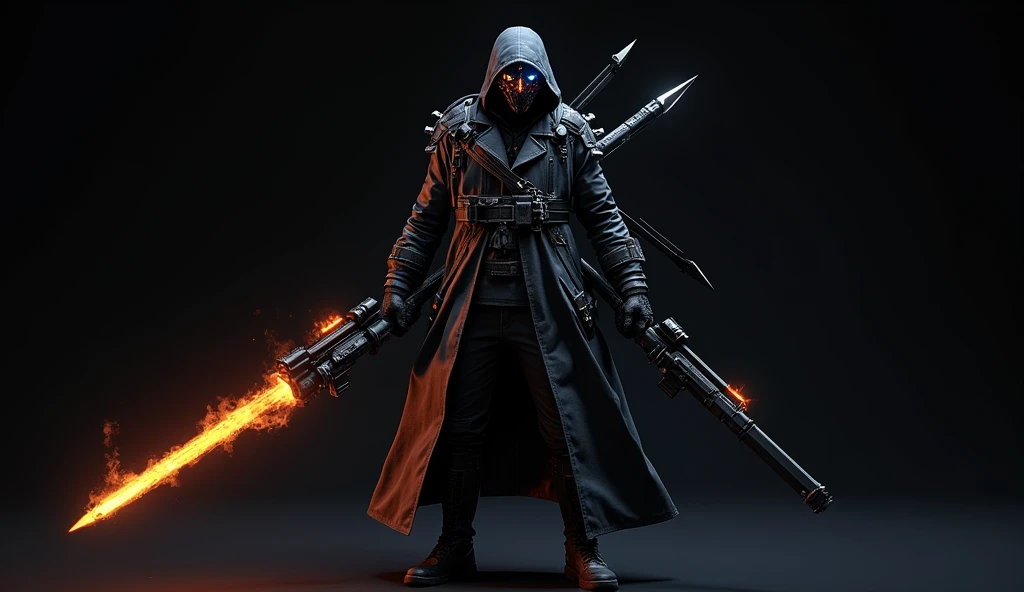 Guy wearing a long black jacketand hood and has cybermask on the head, holding one fire swords,and one hand hold shotgun and two blade in his back one eye blue and one eye is fire background is black 