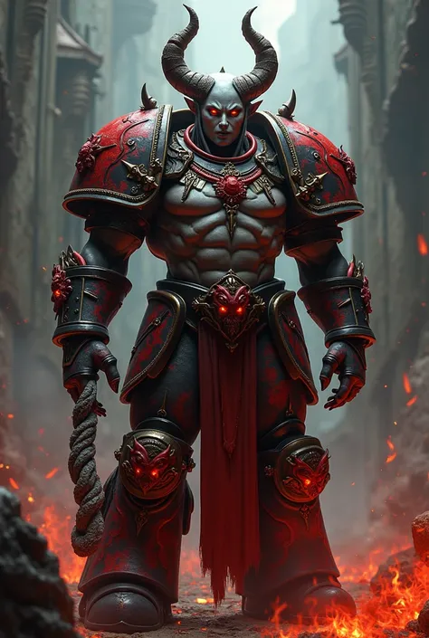 Viciously Beautiful Chaos Space Marine, dedicated to Slaanesh, On his shoulder armor are the symbols of Slaanesh, His heavy space marine armor is covered in ligature writing and images of copulating creatures., warhammer40k, his gaze is full of lust, his f...