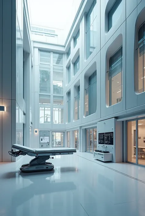 futuristic laboratory where you have a stretcher and screens ,Now what does the outside look like?