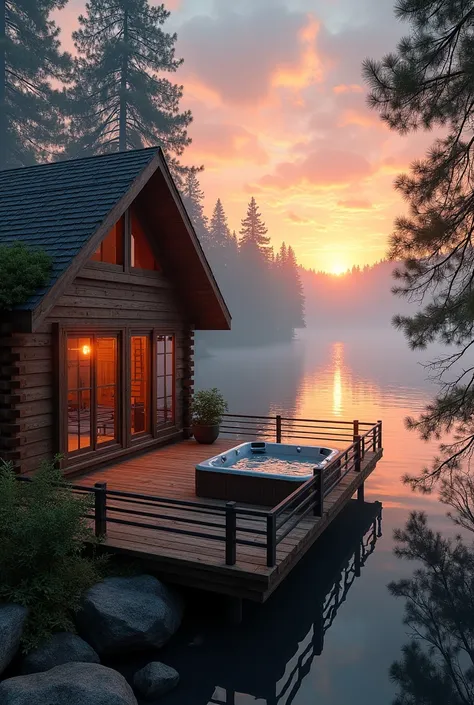 A two story cabin with a jacuzzi on the balcony overlooking a misty pine-lined lake with a sunset