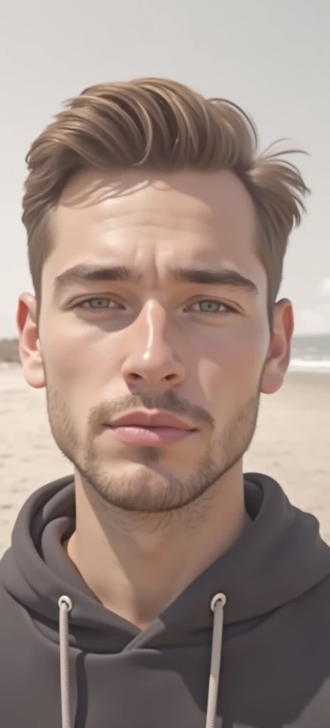 a young man taking a selfie at the beach, looking directly at the viewer, short brown hair, high quality, detailed facial features, slightly parted lips, simple background, hyperdetailed, photorealistic