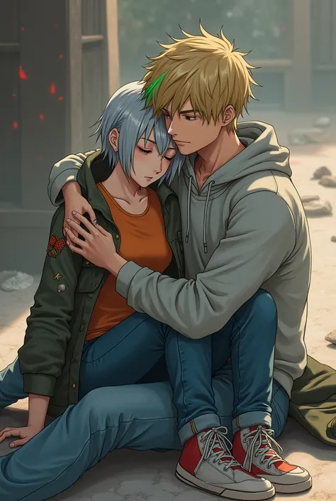 Create a new-looking female character, some old. short silver hair, orange t-shirt and army jacket. wearing jeans and sneakers. next to her is also a male character , Average height, wearing a gray sweatshirt and jeans, hair a little straight and BLONDE WI...