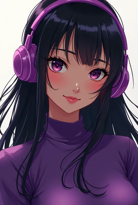 Brown skin anime girl with purple clothes black hair and purple headphones 
