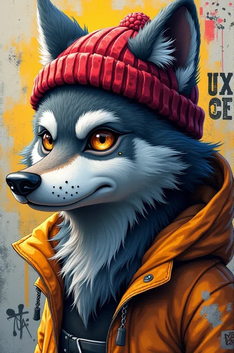 A graffiti-style furry wolf in a beanie
