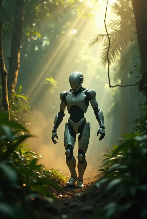 Generate a wide low angle shot of a humanoid robot walking in a deep jungle with light rays through the trees with fog and color smoke, with the word BARY 2.0 in 3D movie like cover