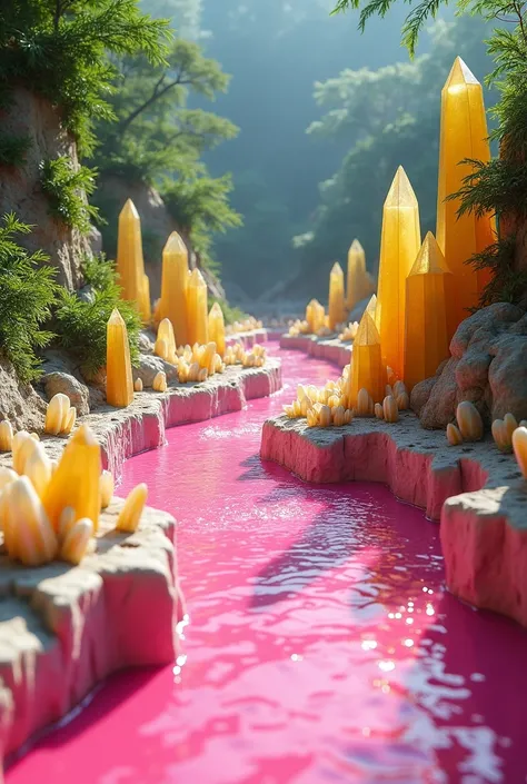 a breathtakingly beautiful landscape, quartz crystals of different yellow and green colors and heights jutting out of the ground lining the curved edges of a neon pink flowing stream, a lush jungle beyond the crystal stream, full sunlight on the neon pink ...