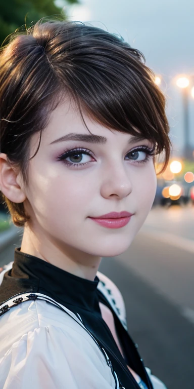 Photo of a  European girl, .RAW, beautiful woman,freckles on cheeks and chest ,beautiful blue eyes(Light brown hair pixie haircut),pixie hair cut ((portrait)), ((detailed face:1.2)), ((Detailed facial features)), (finely detailed skin), Pale skin,park, lon...