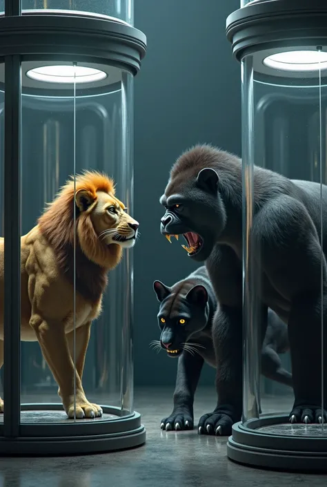 A lion and a gorilla are contained in separate glass cylinders. the panther is in attack position threatening expression.  The containers are placed against a dark, futuristic background, suggesting a scientific or research installation.