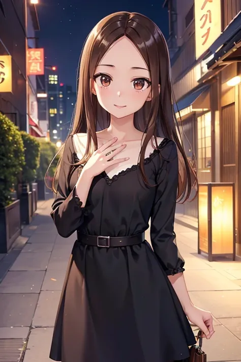 takagi-san、shiny brown hair, long hair,((medium chest、amount、center part:1.2))、 beautiful brown eyes、smile、shining eyes, (fine g...