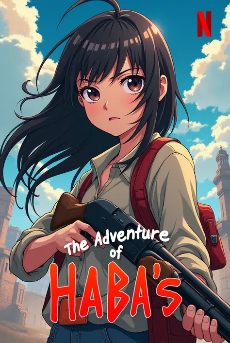 Make me a cover of the adaventure of haba&#39;s with a girl like an adventure anime with a shotgun but that says the adventure of haba&#39;s on the cover and that netflix created it and that it is also on the cover and the girl is a young teenager and that...