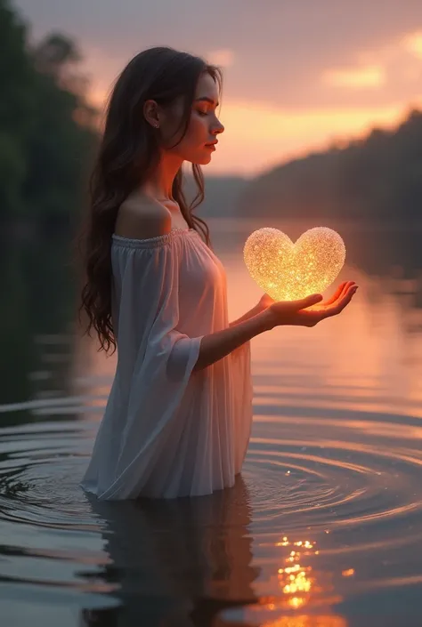 A medium shot of a graceful young woman standing by a tranquil lake at dusk. She has her eyes closed and her chin held high, as if she is in deep contemplation. In front of her, she extends a radiant heart made of sparkling water and reflections of the sun...