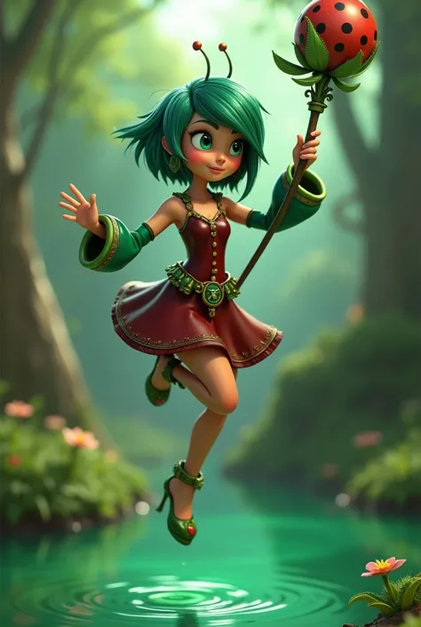 Female ladybug avatar two disney 3d version.with green eyes ,short green hair,green dress with aqua green sleeves another with wine dress and green flowers,green water jump, belt with symbol of envy, green staff with symbol of envy.expression of great envy...