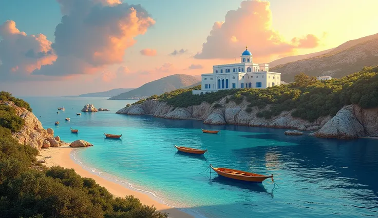 "A panoramic view of the island of Patmos, in Greece, showing off its stunning golden sand beaches, crystal clear waters and slopes covered with green vegetation. In the background, the famous Monastery of St. John, with its white and blue architecture, st...