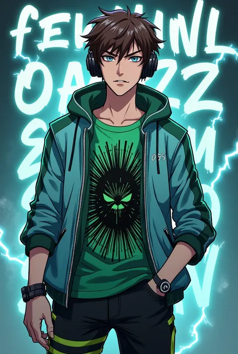 minecraft character brown hair, blue eyes, black and gray headphones, light blue and green jacket, green t-shirt, black distorted face exploded creeper pattern on t-shirt, black pants, black with green details , anime cool boy, 18 year , Cool profile pictu...