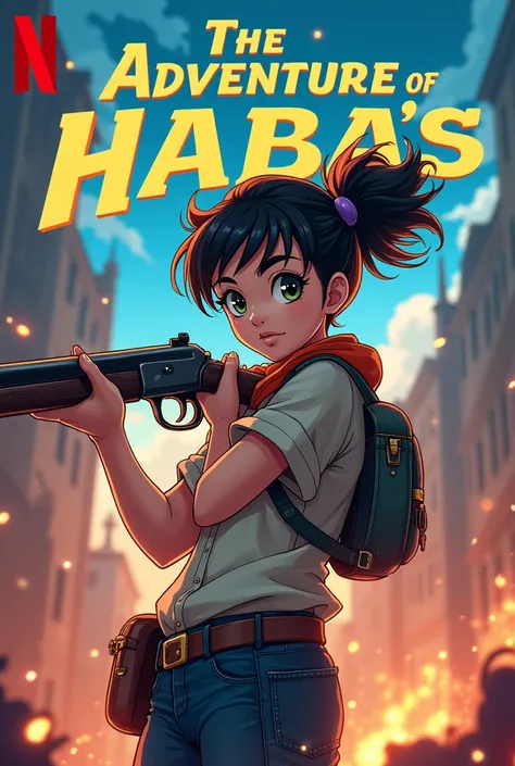 Make me a cover of the adaventure of haba&#39;s with a girl like an adventure anime with a shotgun but that says the adventure of haba&#39;s on the cover and that netflix created it and that it is also on the cover and the girl is a young teenager and that...