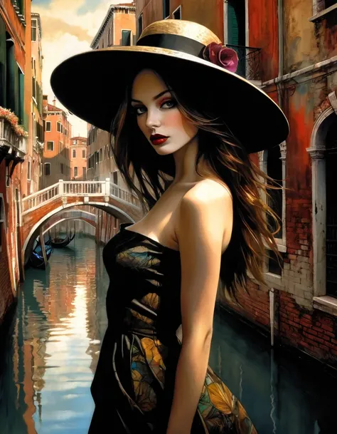 a drawing of a sexy girl with a hat standing in front of a canal in Venice, 1 girl, outdoors, alone, day, sandals, hat, sexy dress, building, sky, long hair, flower, bare shoulders, landscape, Detailed maximum funds, eroticism, sexy, black and white image,...