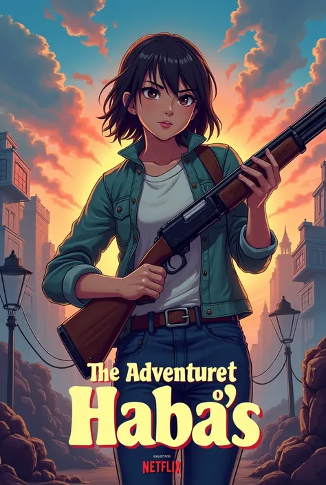 Make me a cover of the adaventure of haba&#39;s with a girl like an adventure anime with a shotgun but that says the adventure of haba&#39;s on the cover and that netflix created it and that it is also on the cover and the girl is a young teenager and that...