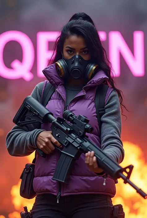 Black woman with Black, holding a lilac rifle Highlighted in the background word QRTN Wearing a gas mask Background in flames Wearing a lilac vest Name blackgirl highlighted