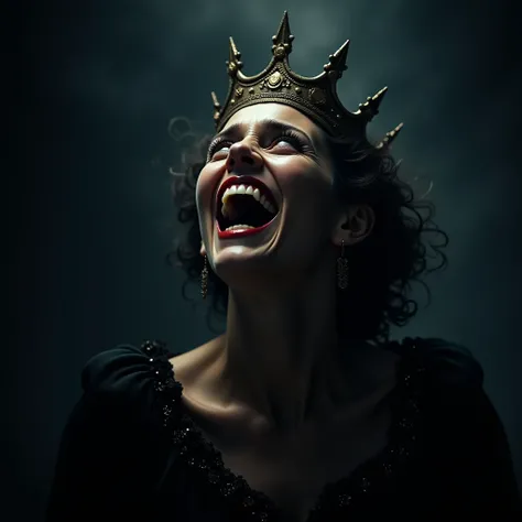 a queen screaming smiling, looking at the camera, illuminated by the night, cinematic