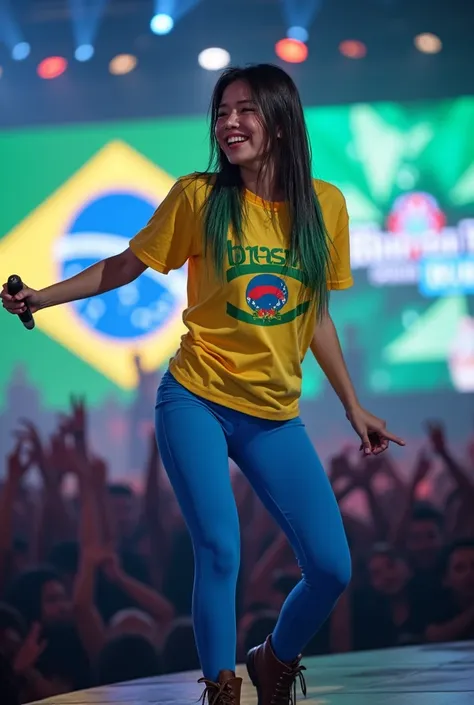 realistic and detailed scene of a beautiful Asian Korean woman, wet and fit body, big butt, wet hair with long thin brown bangs with green tips, tight and stylish clothes, blue leggings, yellow t-shirt, "BRASIL" written on her chest with flag on tight t-sh...