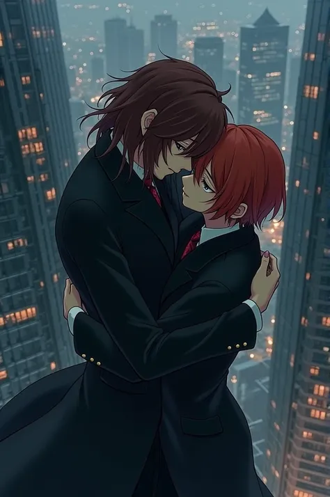 Dazai hugging Chuuya on top of a building 