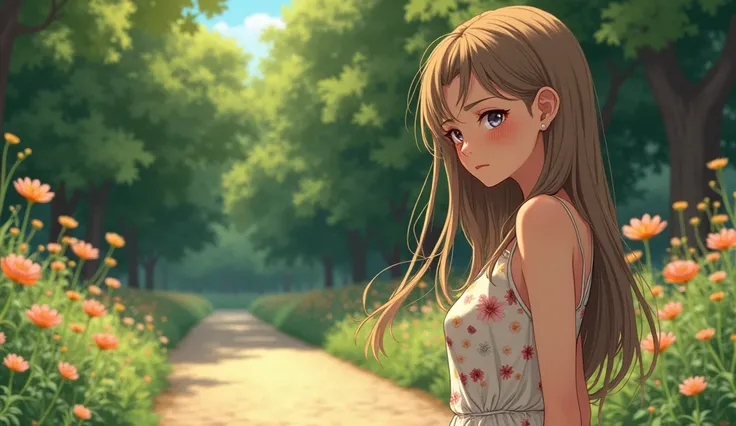 chapter 1: “Walking through the park” General description: • style: Romantic and emotional comics, Focus on detailed facial expressions and a comfortable background.. Scene 1: Sun Hail • Character: • girl, Long light brown hair, She walks in wearing a flor...