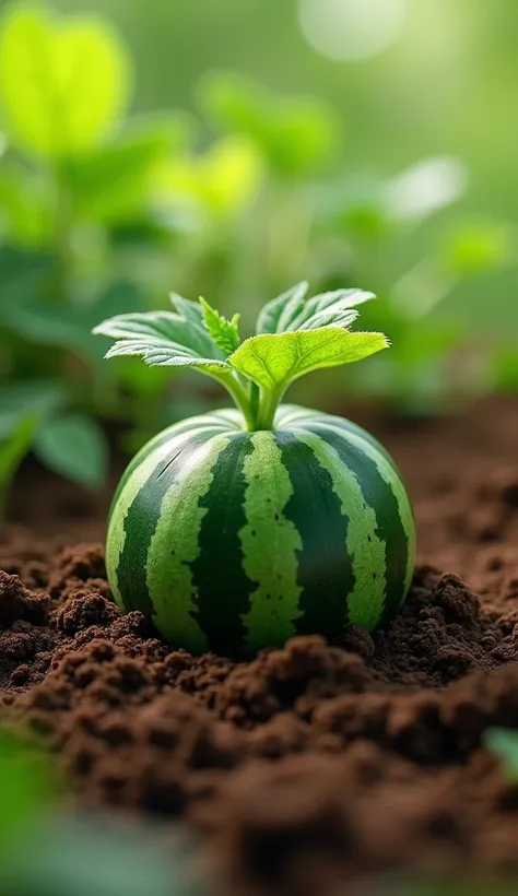 A small watermelon sprouting from the ground 