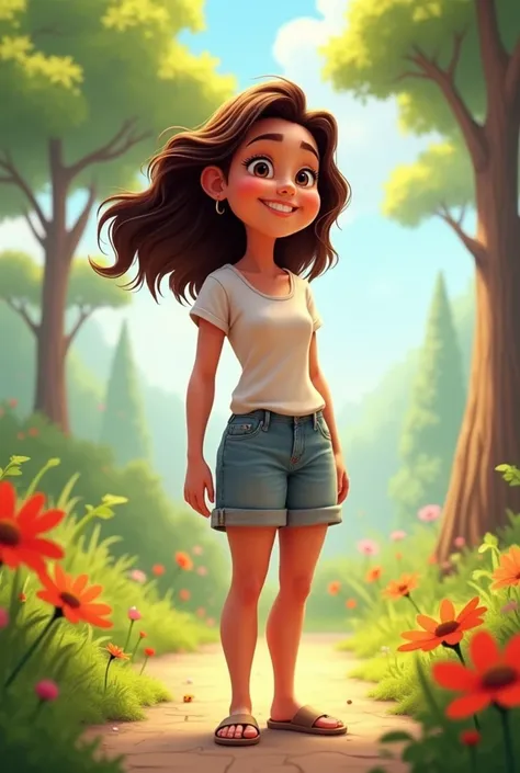 create in pixar style, maria, now healthy, is standing outdoors, with a radiant and lively expression. In the background, there is a sunny setting with nature, flowers and trees. She smiles confidently, with a light breeze moving your hair and an attitude ...