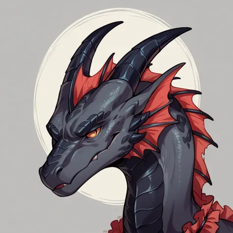 Solo, feral, dragon, black scales, two horns, triangular head, frills on both sides of the head, predatory, fierce gaze