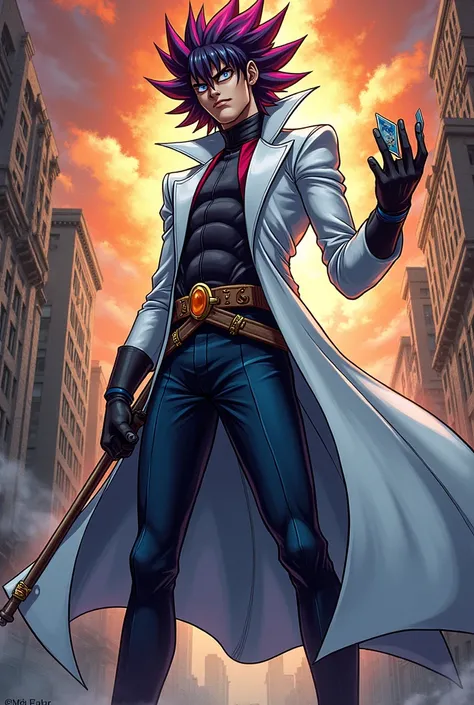 Create an image inspired by the X-Men Gambit, in comics style. But wearing an outfit similar to that of Seto Kaiba from Yugioh. 4k high resolution image. Better definition.