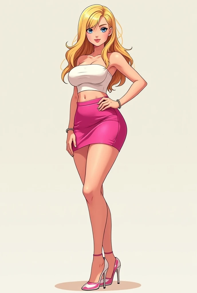 Blonde hair, shortstack, anime girl, wearing a white tube top, pink pencil skirt, and white and pink high-heel stilettos.