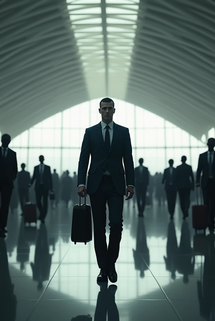 A man in a suit walking through the airport alone with the image not showing his face.